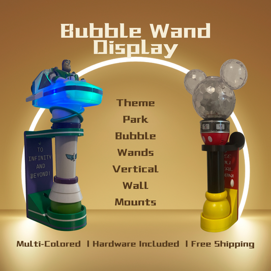Vertical Wall Mount Display for Theme Park Bubble Wands | 3D Printed Multi-Color Holders + Hardware Included