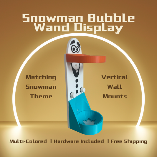 Snowman Vertical Wall Mount Display for Theme Park Bubble Wands | 3D Printed Multi-Color Holders + Hardware Included